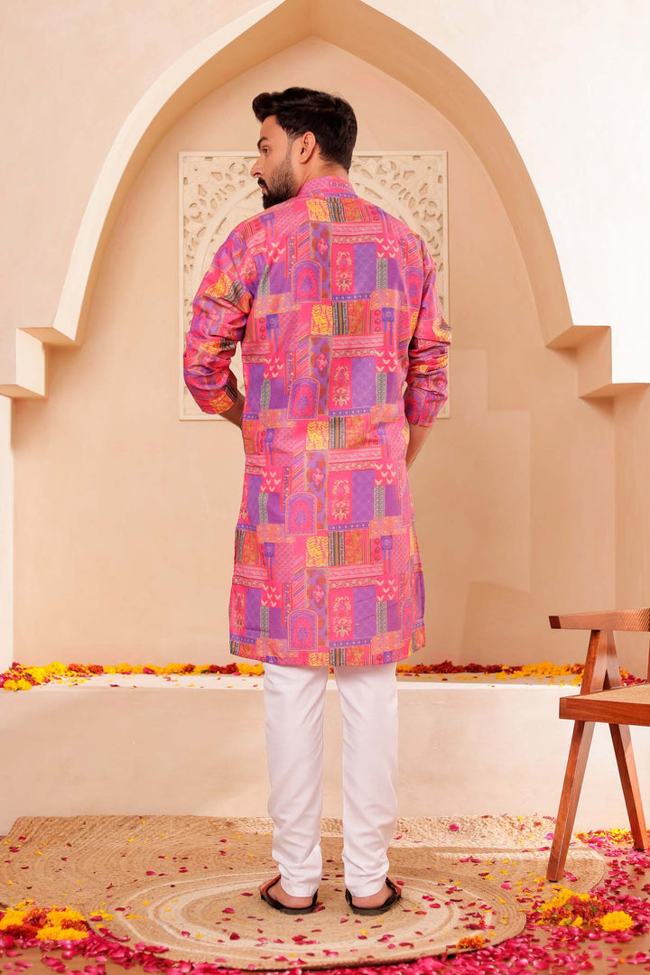 Pink-Lilac Multi Colour Silk Kurta Suit.