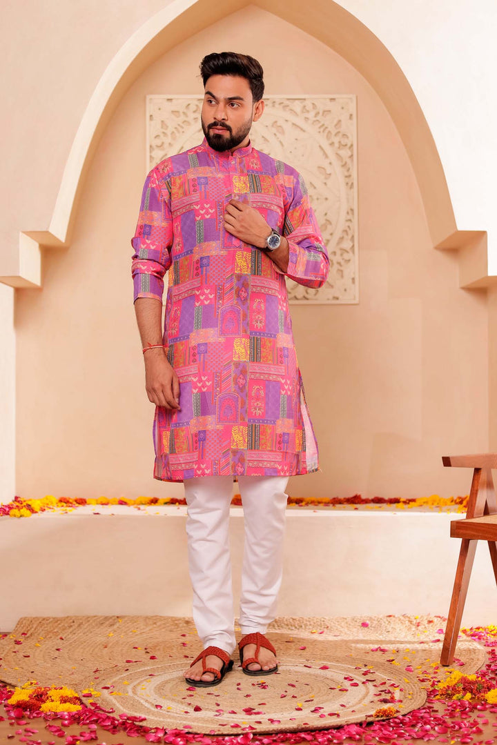 Pink-Lilac Multi Colour Silk Kurta Suit.
