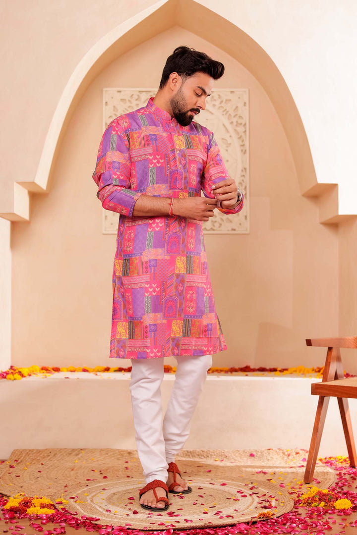 Pink-Lilac Multi Colour Silk Kurta Suit.