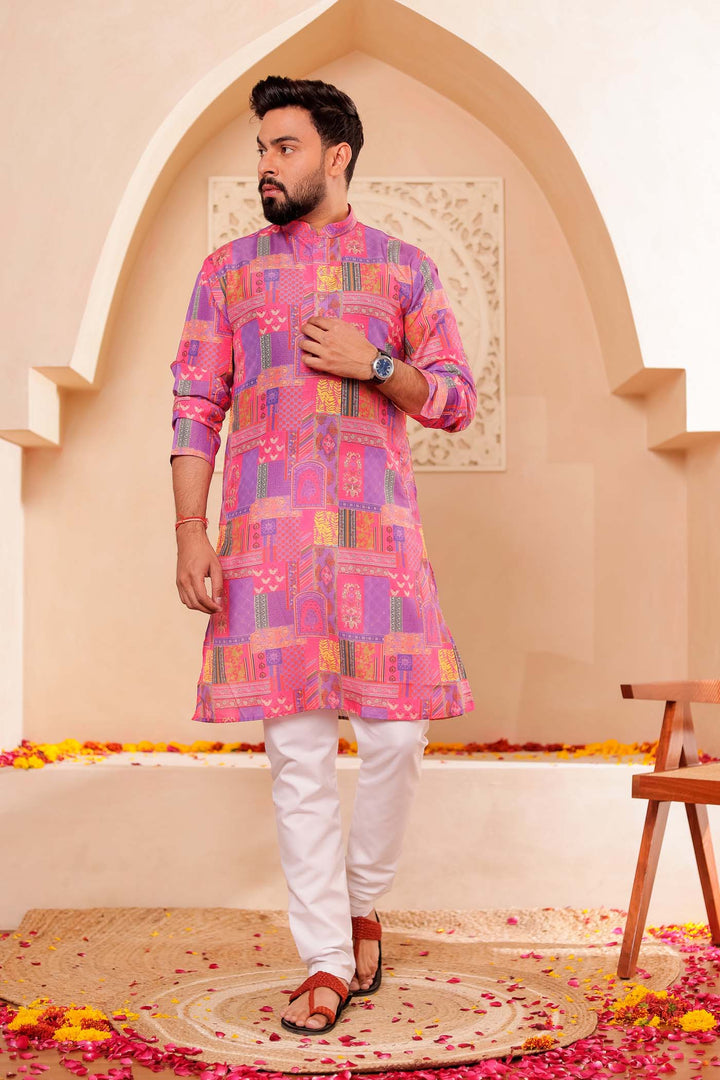 Pink-Lilac Multi Colour Silk Kurta Suit.