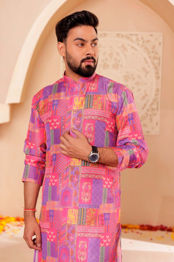 Pink-Lilac Multi Colour Silk Kurta Suit.