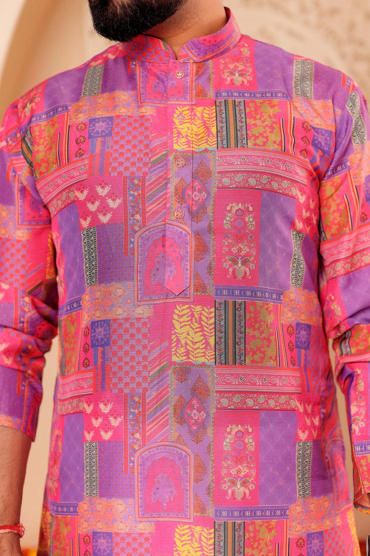 Pink-Lilac Multi Colour Silk Kurta Suit.