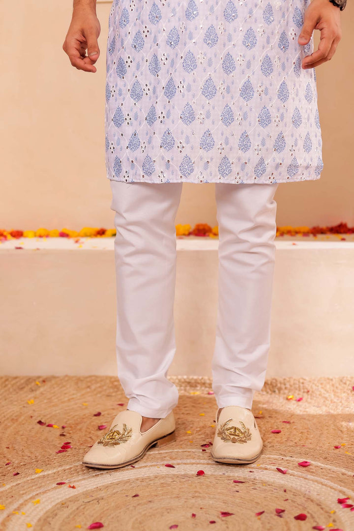 White-Blue Soft Silk Mens Kurta Suit with Mirror Work.