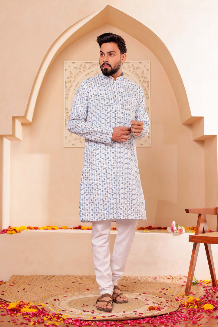 White Blue Print Silk Kurta Suit.