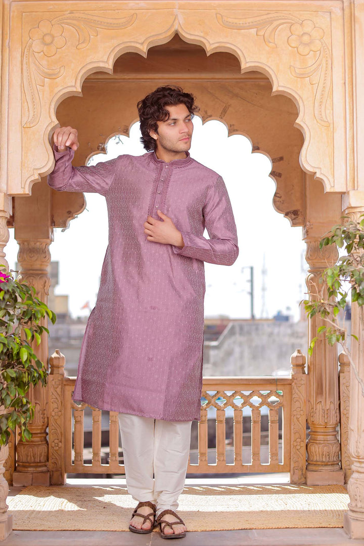 Light Purple Brocade Silk Kurta Suit With Delicate Dori Work On The Neckline.