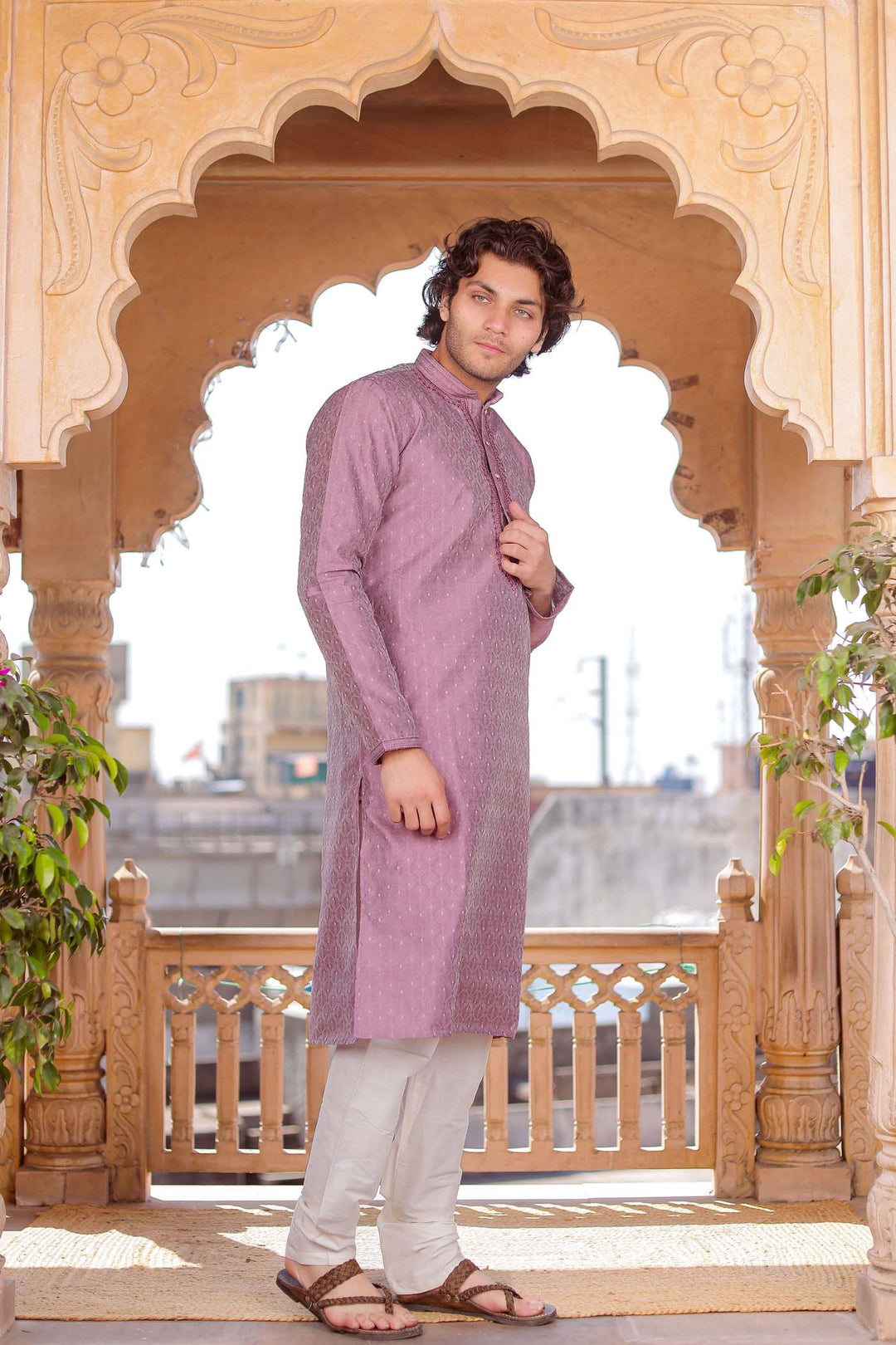 Light Purple Brocade Silk Kurta Suit With Delicate Dori Work On The Neckline.