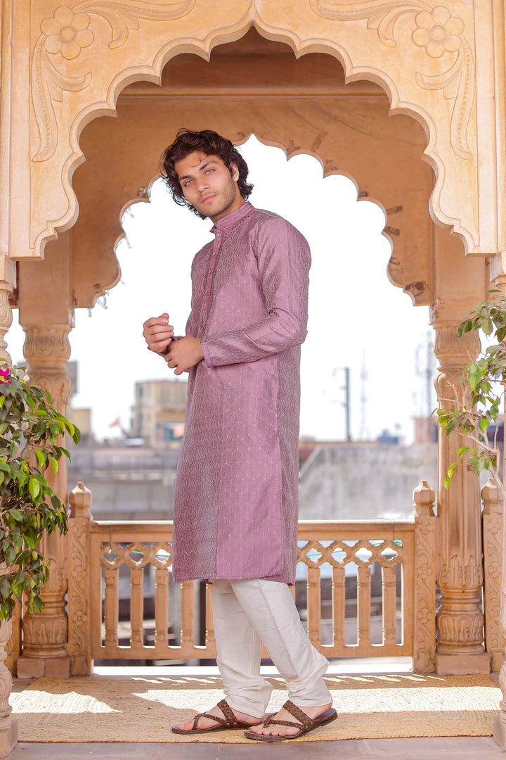 Light Purple Brocade Silk Kurta Suit With Delicate Dori Work On The Neckline.