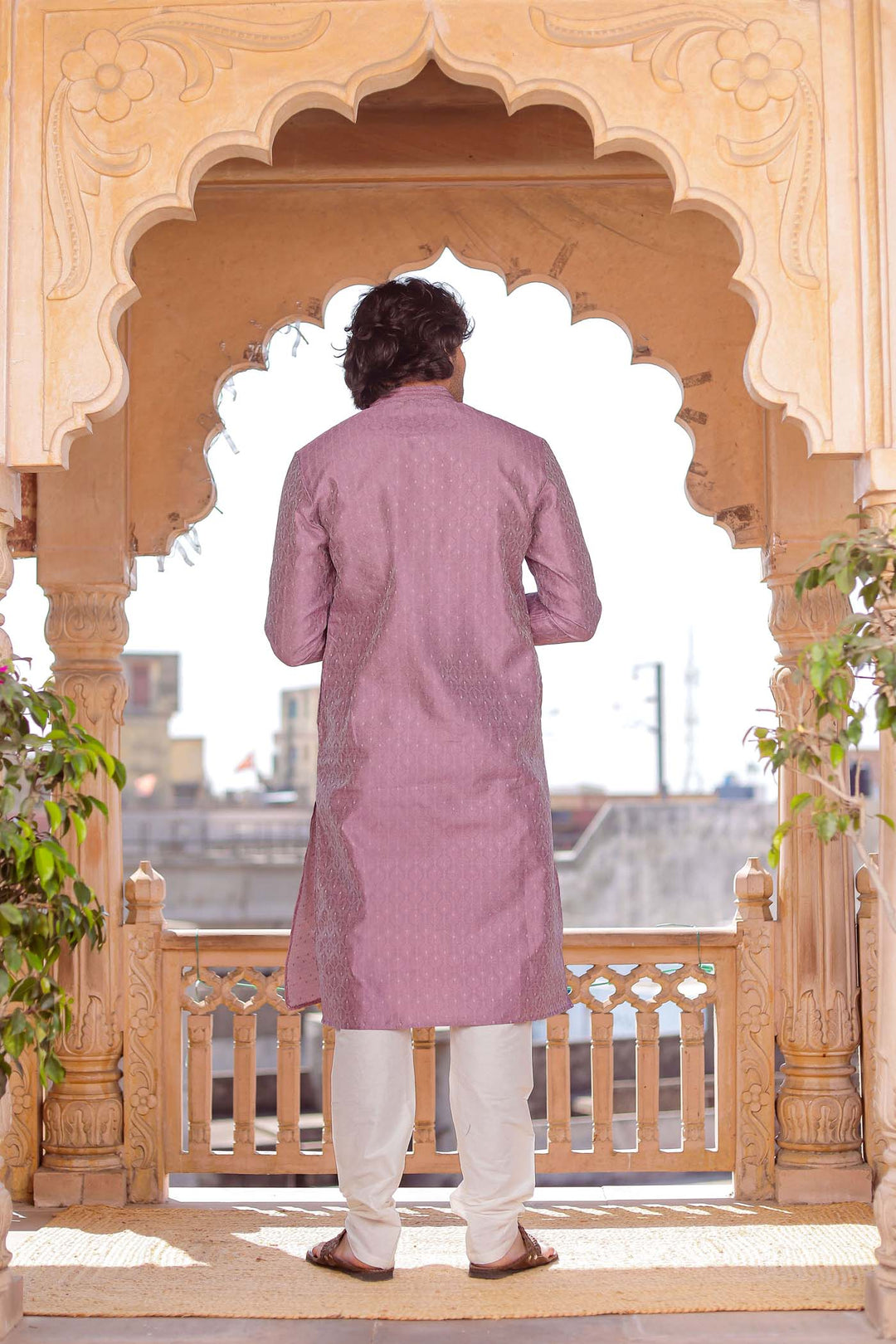 Light Purple Brocade Silk Kurta Suit With Delicate Dori Work On The Neckline.