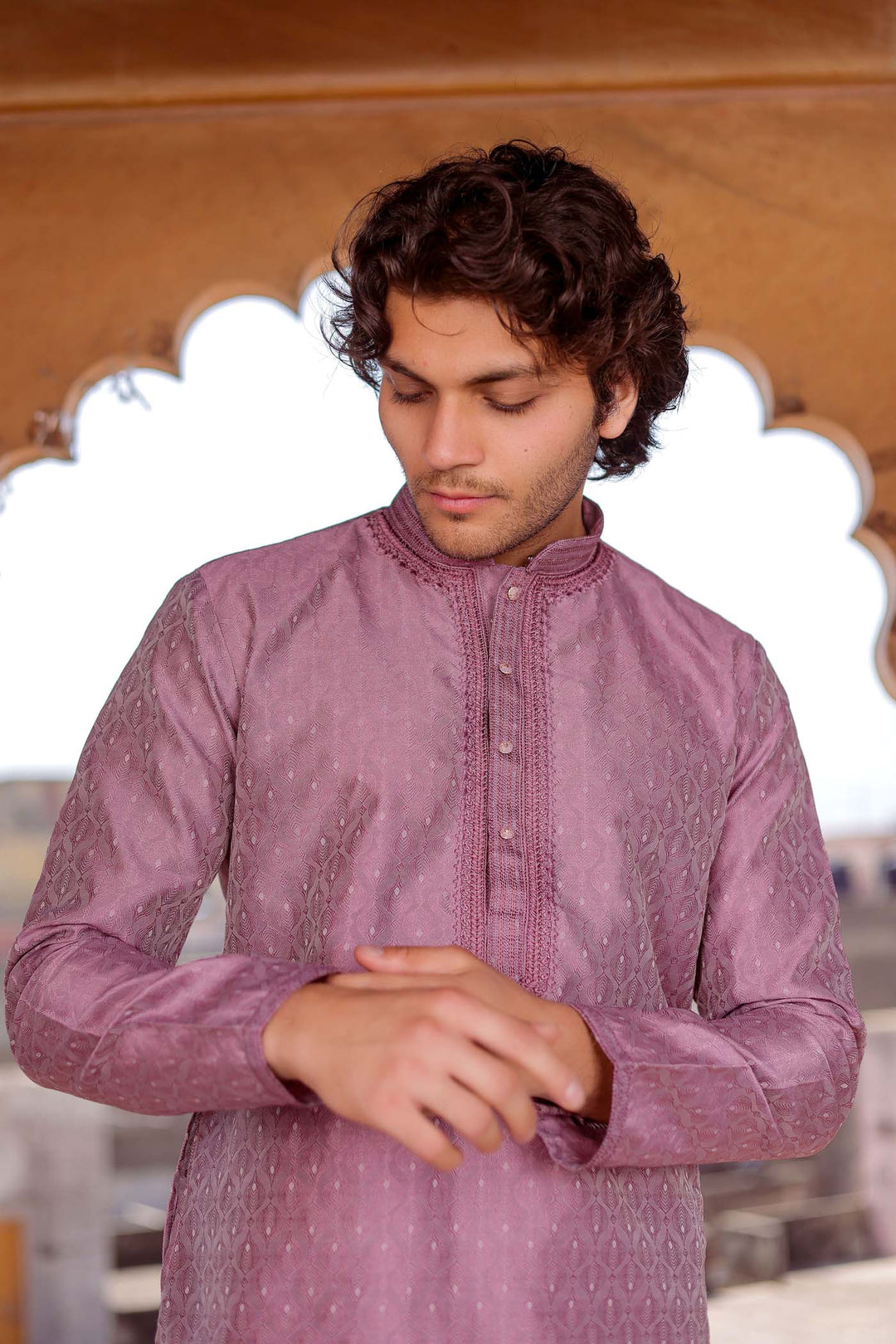 Light Purple Brocade Silk Kurta Suit With Delicate Dori Work On The Neckline.