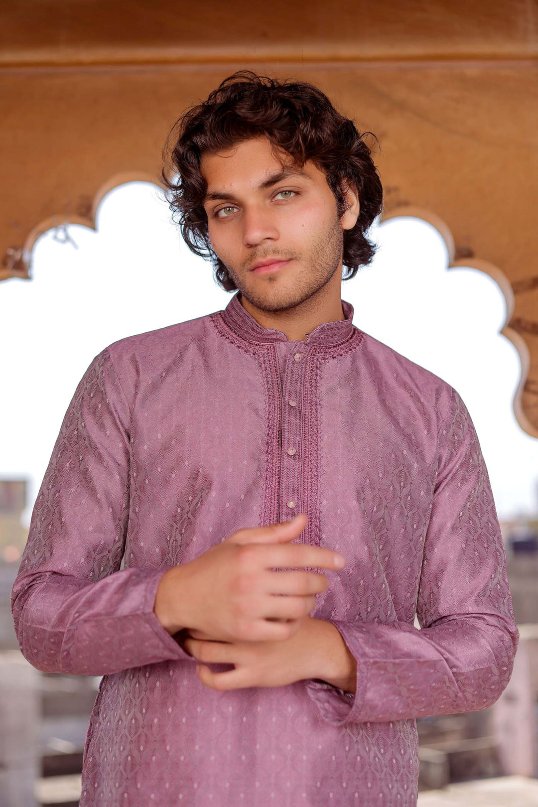 Light Purple Brocade Silk Kurta Suit With Delicate Dori Work On The Neckline.