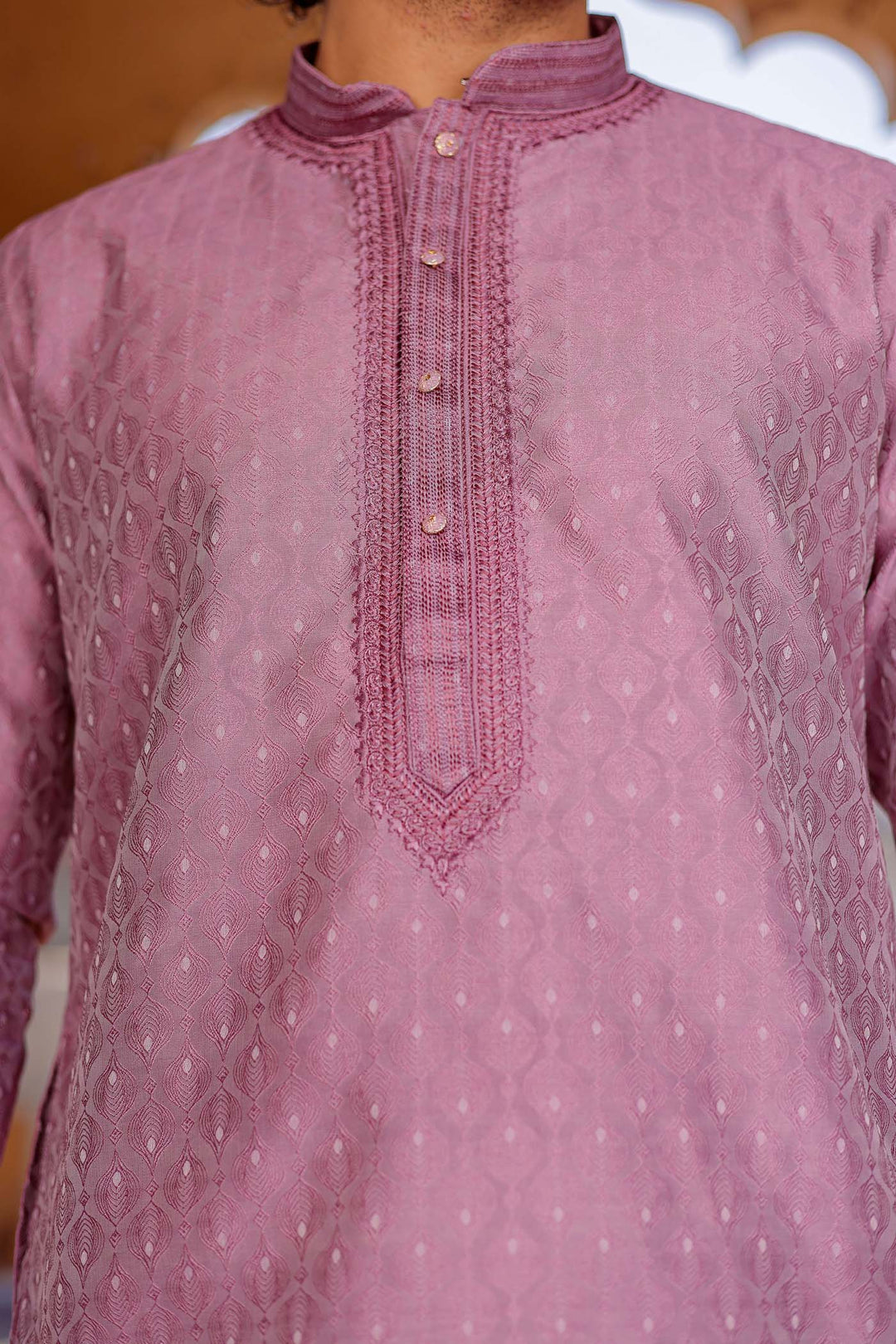 Light Purple Brocade Silk Kurta Suit With Delicate Dori Work On The Neckline.