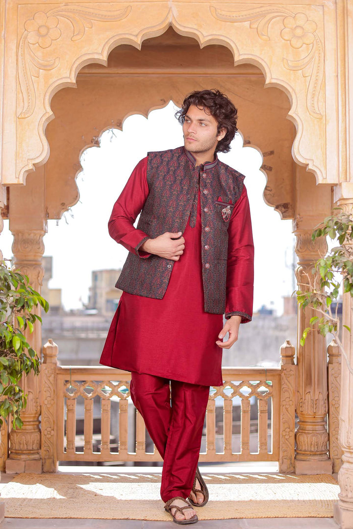 Maroon Brocade Silk Jacket And Kurta Suit