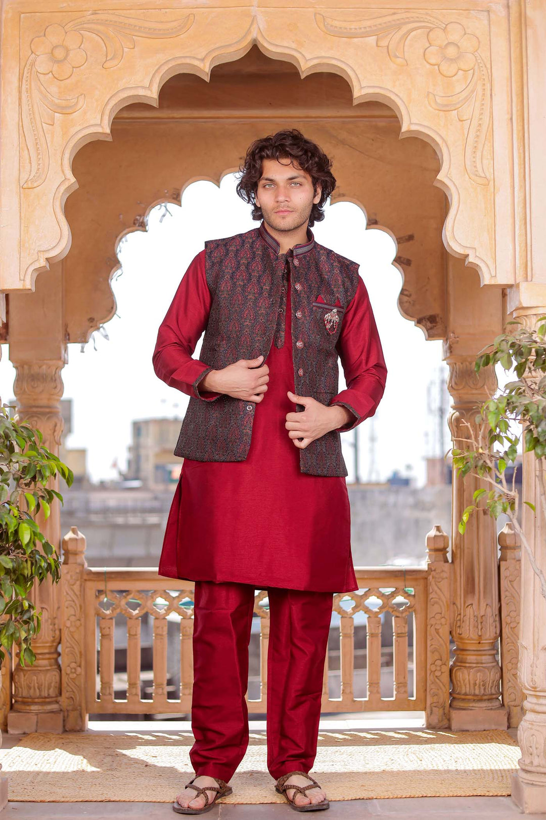 Maroon Brocade Silk Jacket And Kurta Suit