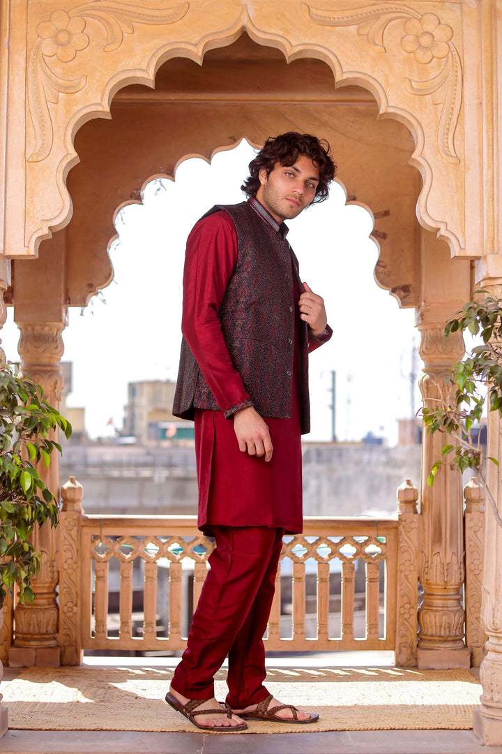 Maroon Brocade Silk Jacket And Kurta Suit