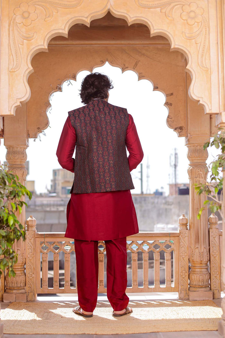 Maroon Brocade Silk Jacket And Kurta Suit