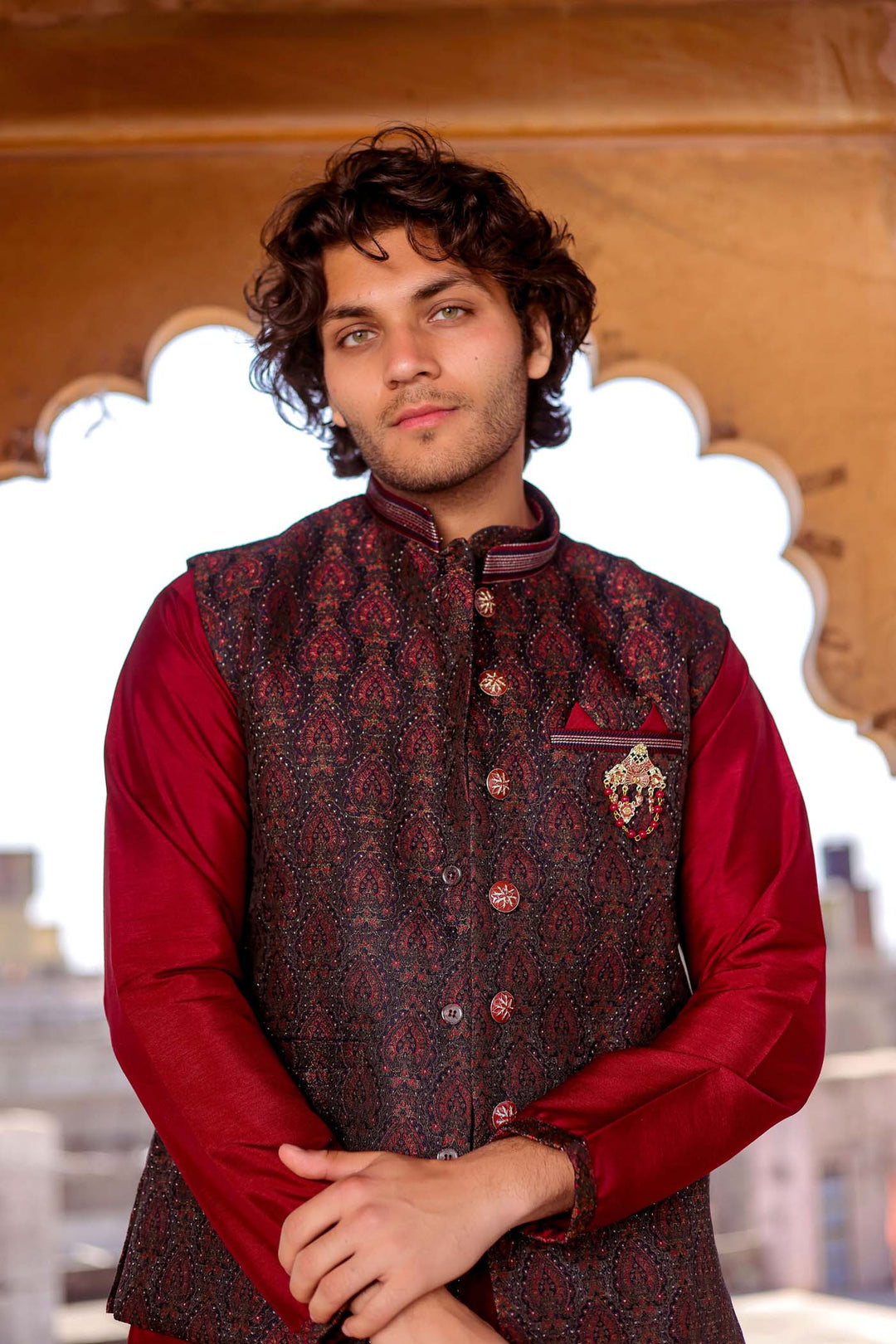 Maroon Brocade Silk Jacket And Kurta Suit