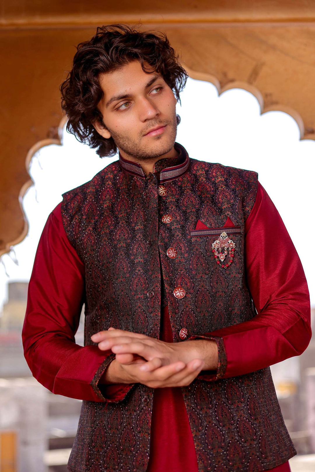 Maroon Brocade Silk Jacket And Kurta Suit