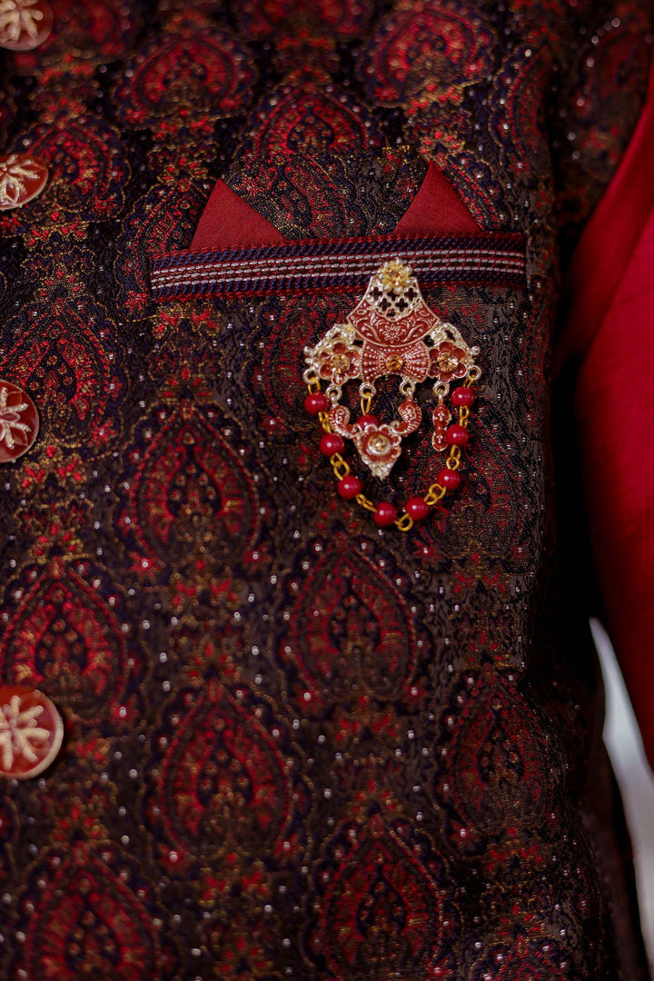 Maroon Brocade Silk Jacket And Kurta Suit