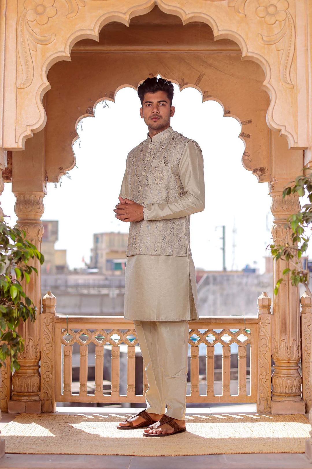 Dusty Green Thread Embroidered Silk Jacket And Kurta Suit.