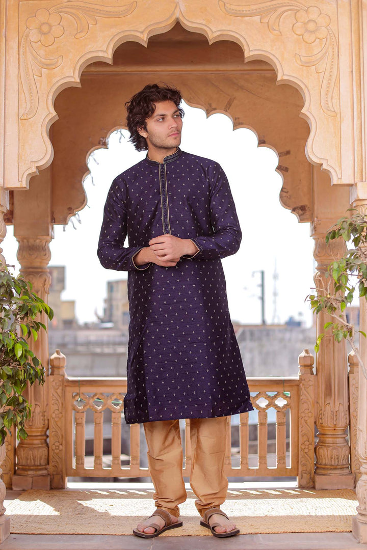 Navy Blue Brocade Silk Kurta Suit With Resham Thread Embroidery.