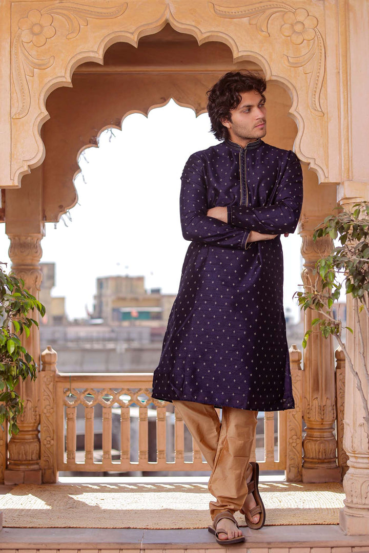 Navy Blue Brocade Silk Kurta Suit With Resham Thread Embroidery.