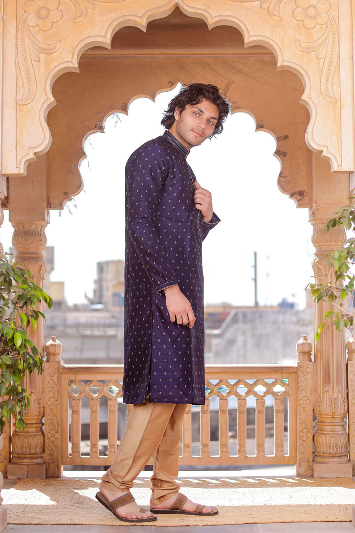 Navy Blue Brocade Silk Kurta Suit With Resham Thread Embroidery.