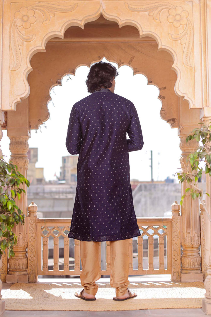 Navy Blue Brocade Silk Kurta Suit With Resham Thread Embroidery.