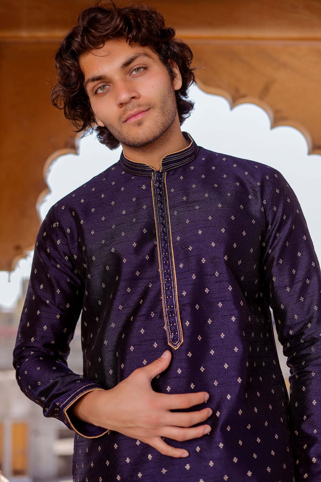 Navy Blue Brocade Silk Kurta Suit With Resham Thread Embroidery.