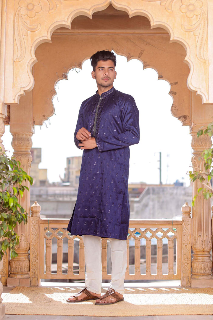 Navy Blue Raw Silk Kurta Suit With Resham Thread And Sequin Embroidery.