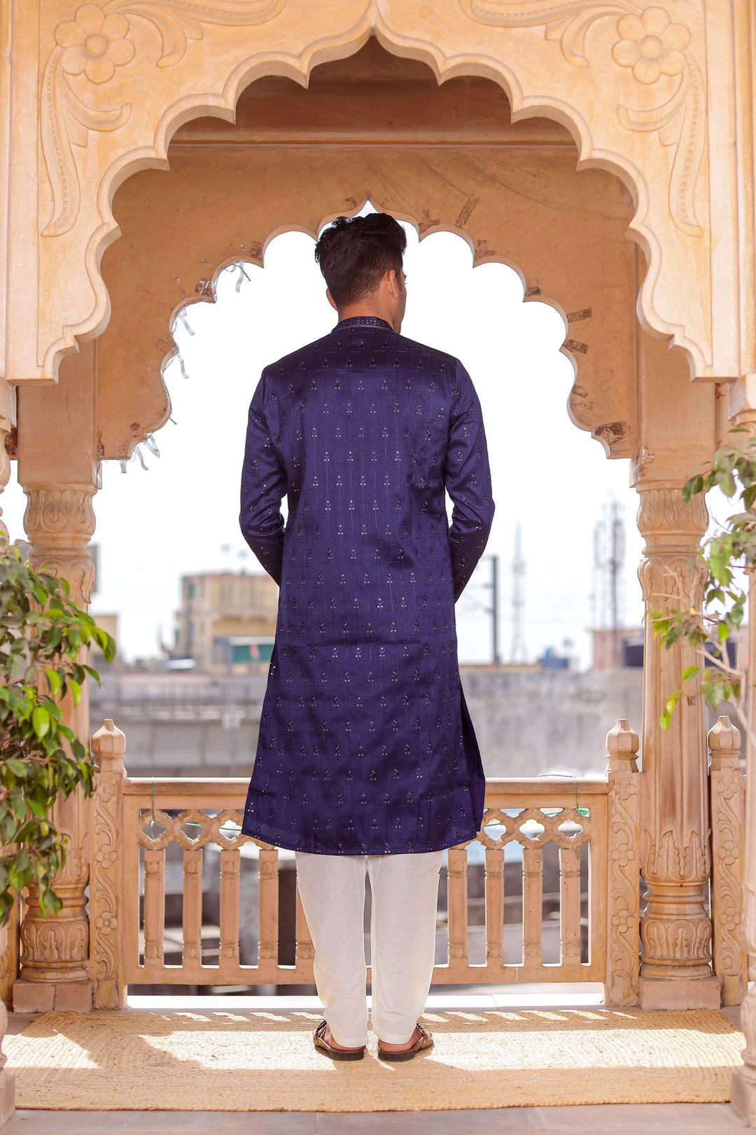 Navy Blue Raw Silk Kurta Suit With Resham Thread And Sequin Embroidery.