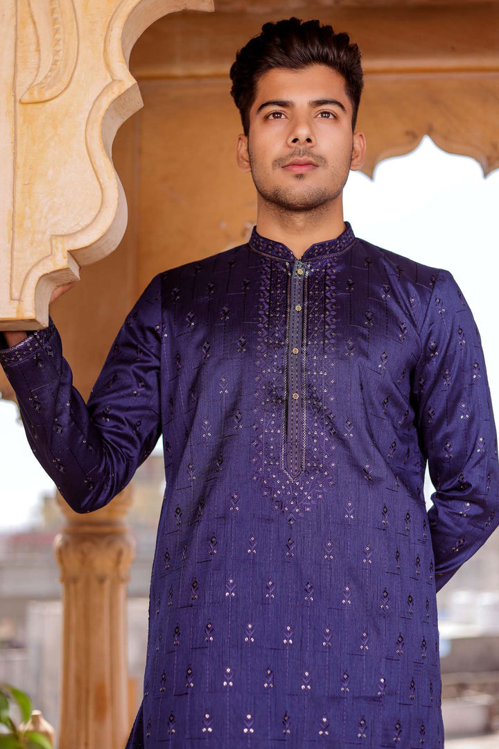 Navy Blue Raw Silk Kurta Suit With Resham Thread And Sequin Embroidery.