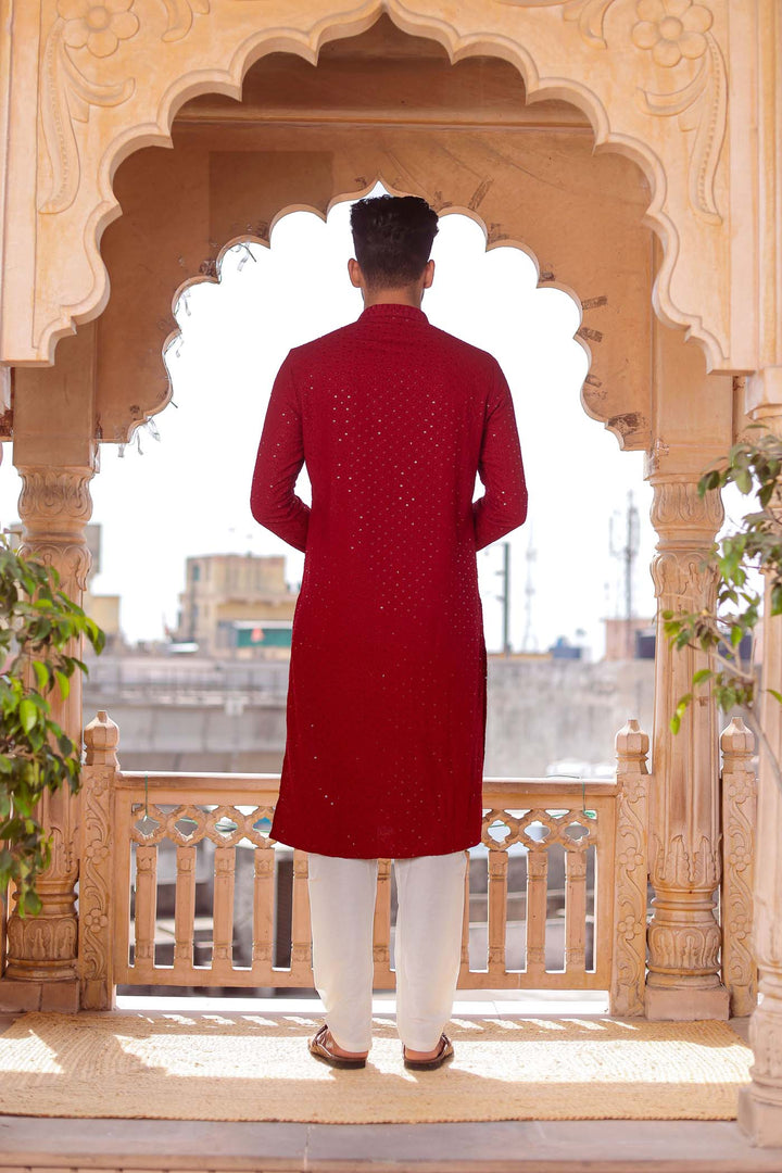 Maroon Lucknowi Kurta Suit With Sequin Work.