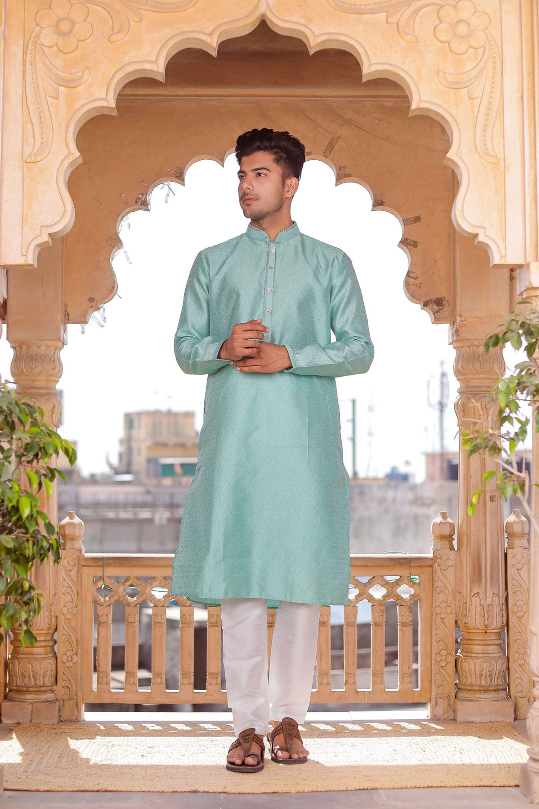 Sea Blue Self-Pattern Brocade Silk Kurta Suit.