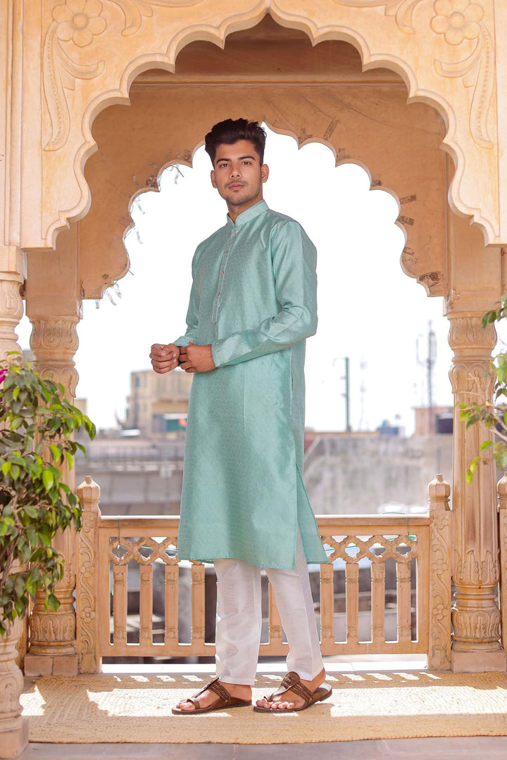 Sea Blue Self-Pattern Brocade Silk Kurta Suit.