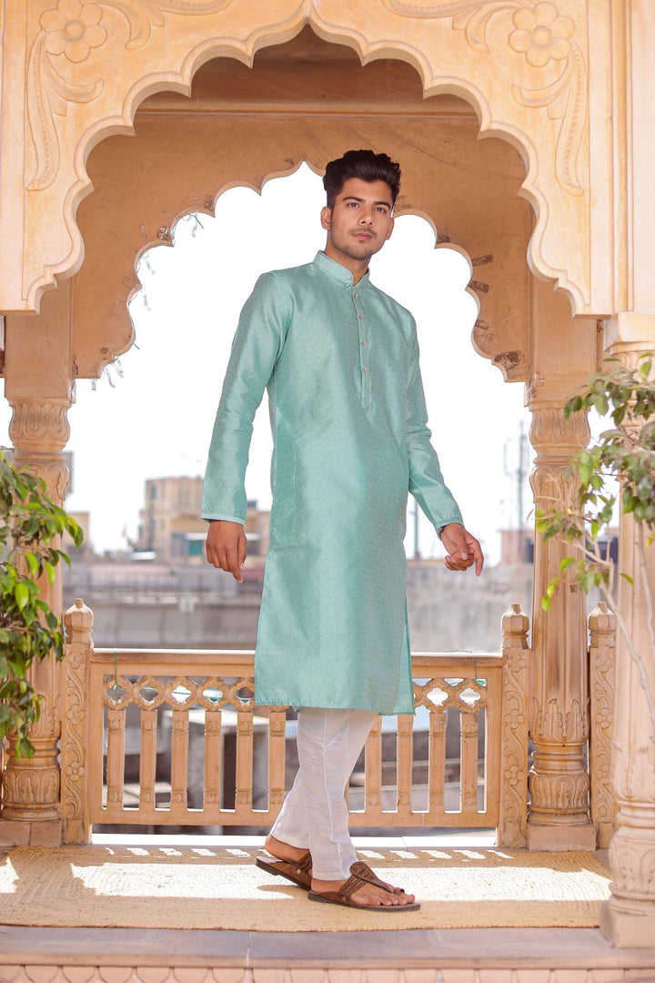 Sea Blue Self-Pattern Brocade Silk Kurta Suit.