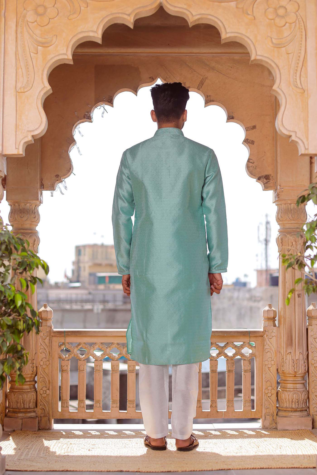 Sea Blue Self-Pattern Brocade Silk Kurta Suit.