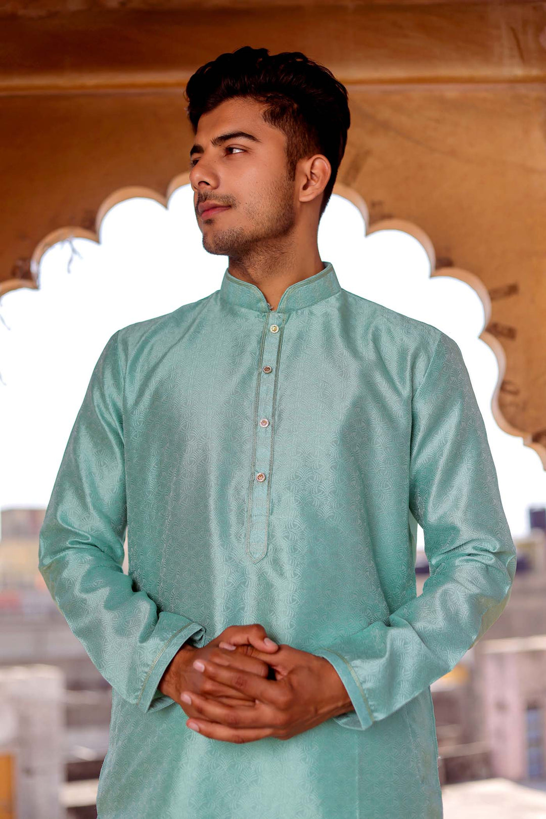 Sea Blue Self-Pattern Brocade Silk Kurta Suit.