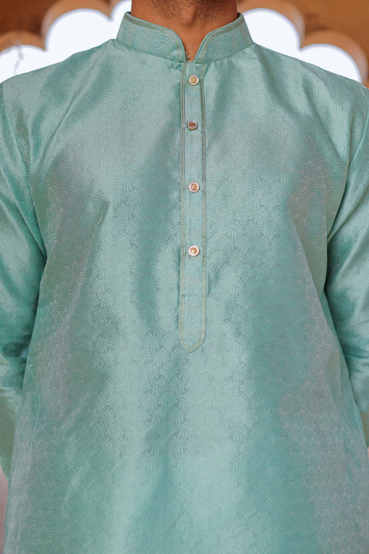 Sea Blue Self-Pattern Brocade Silk Kurta Suit.