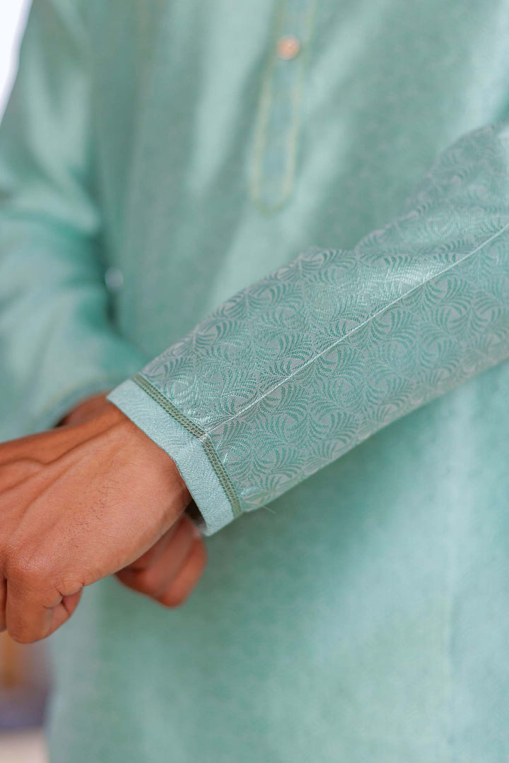 Sea Blue Self-Pattern Brocade Silk Kurta Suit.