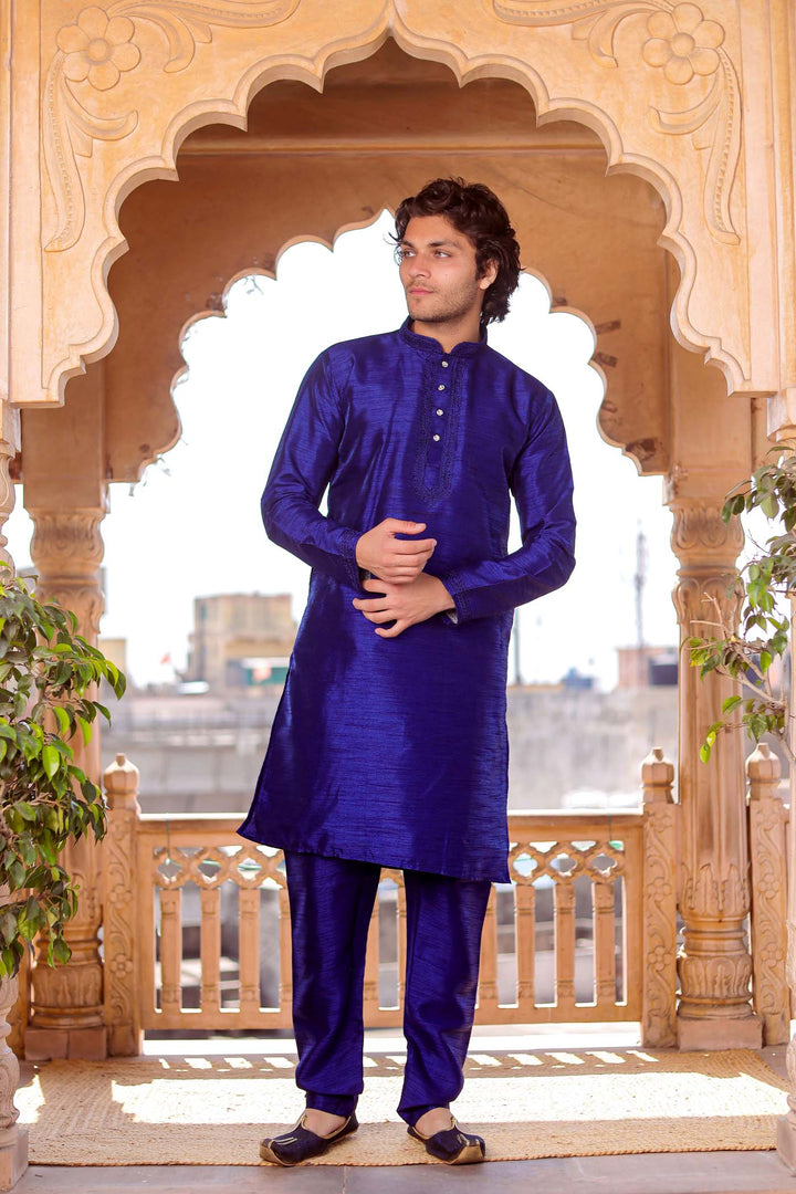 Royal Blue Dupion Silk Kurt Suit.