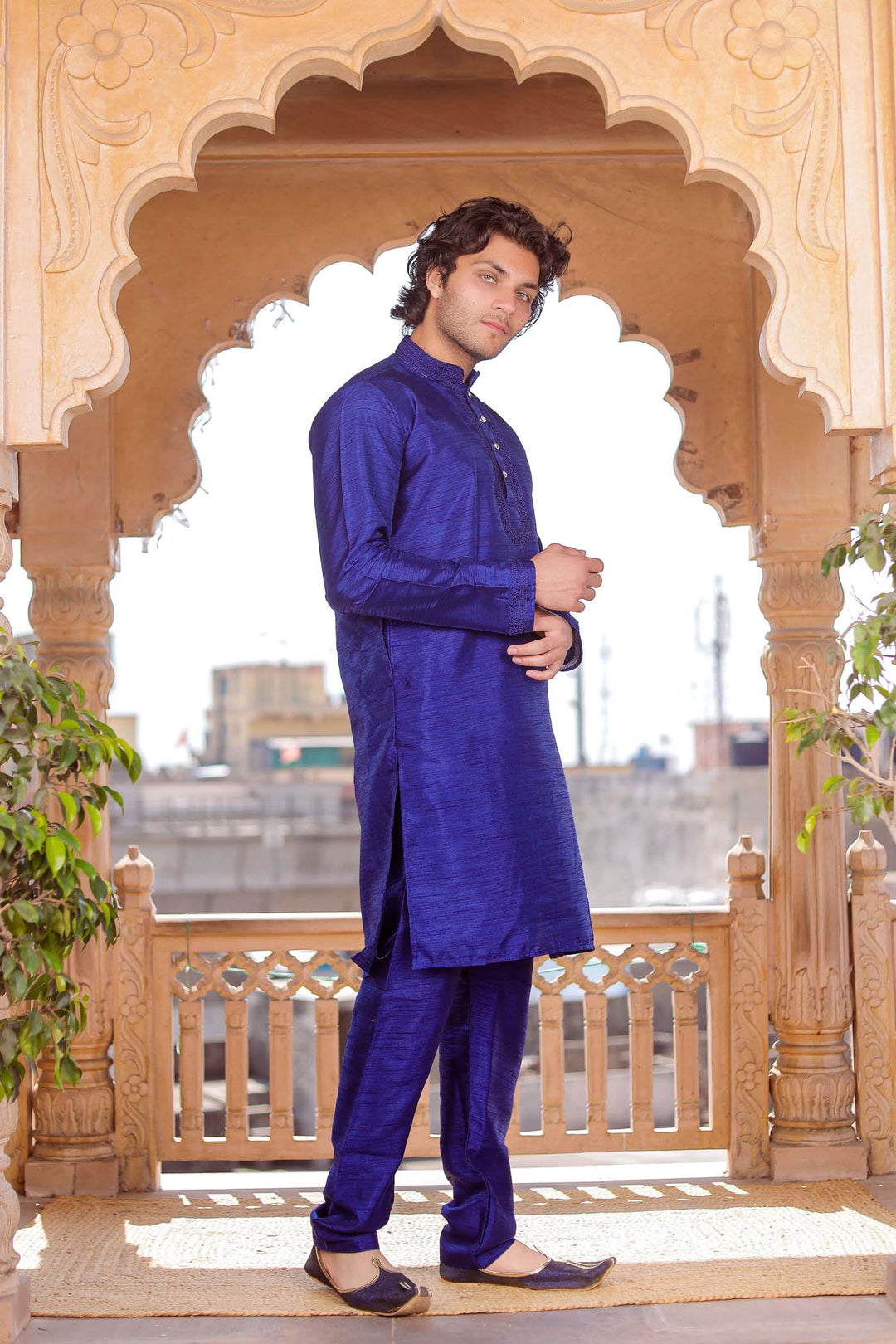 Royal Blue Dupion Silk Kurt Suit.