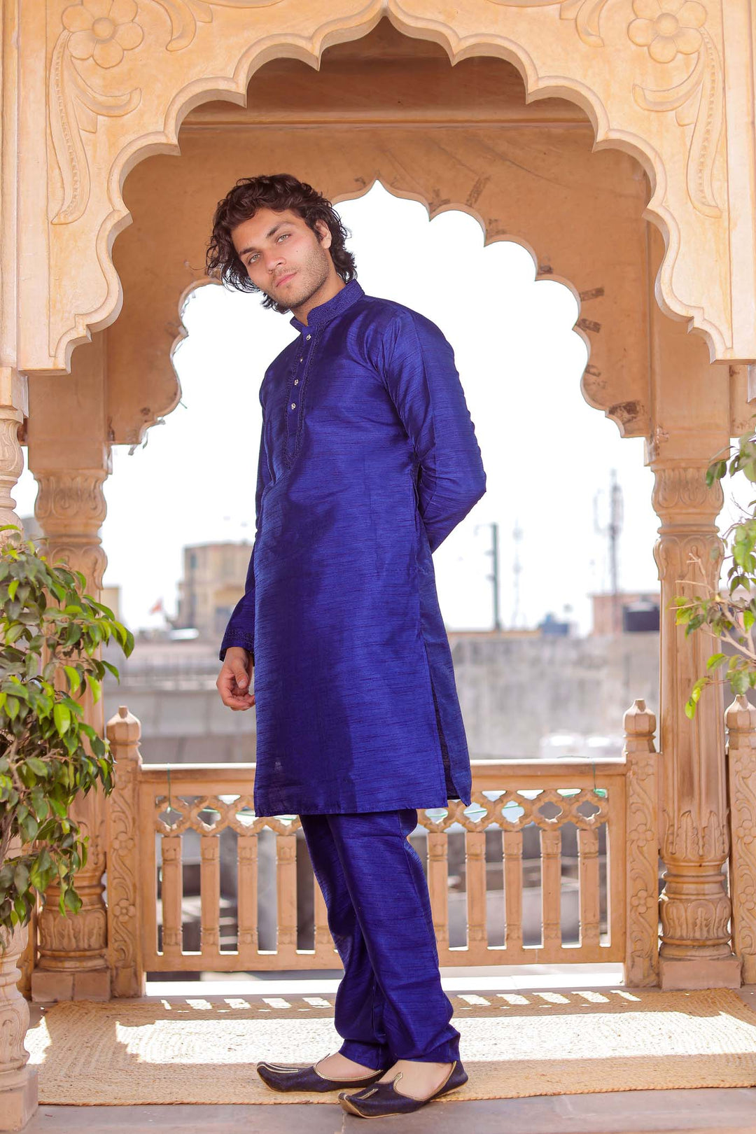 Royal Blue Dupion Silk Kurt Suit.