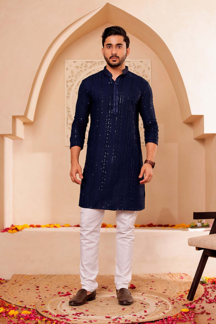 Navy Blue Chikankari Embroidered Kurta Suit with Sequin.