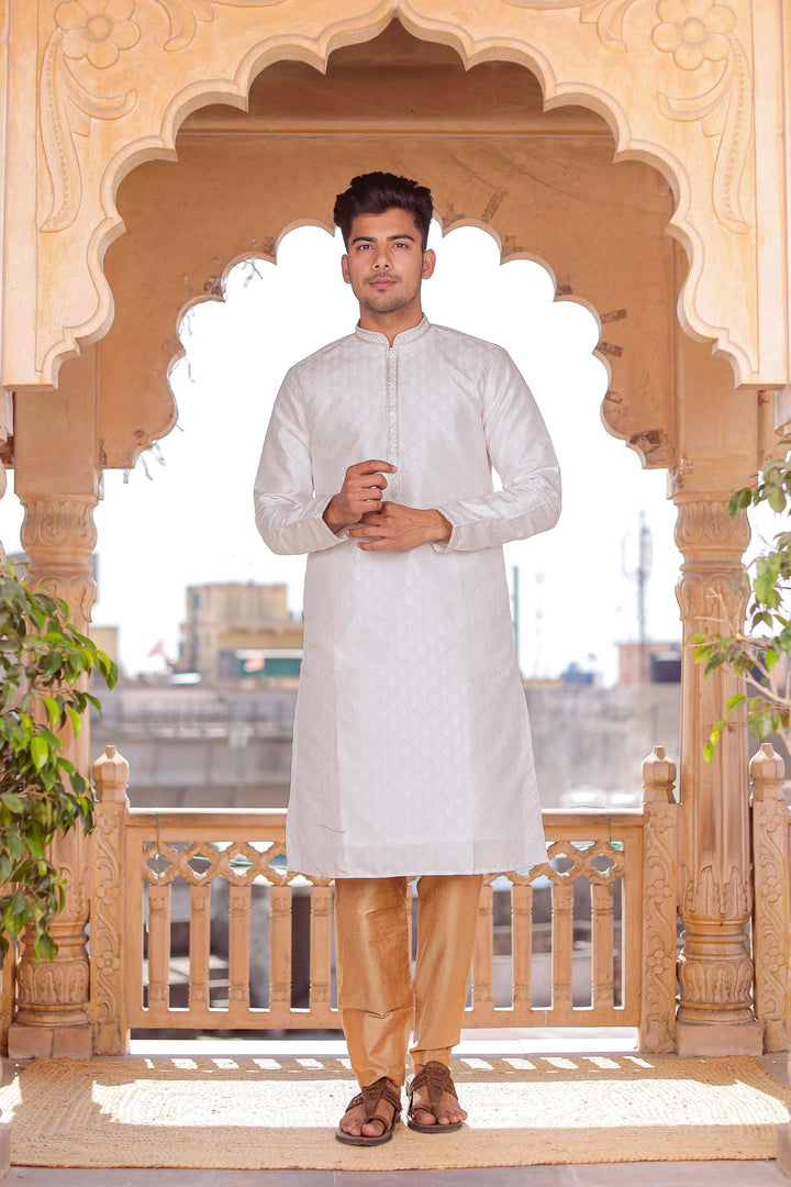 Off White Brocade Silk Kurta Suit With Sequin Thread Embroidery.