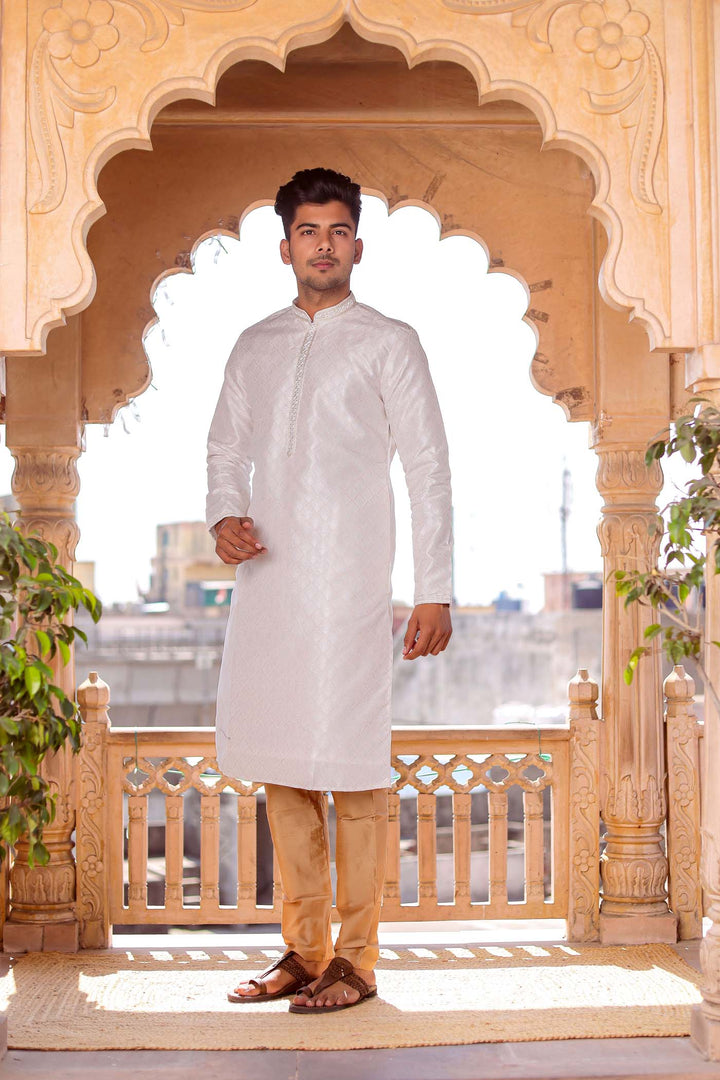 Off White Brocade Silk Kurta Suit With Sequin Thread Embroidery.