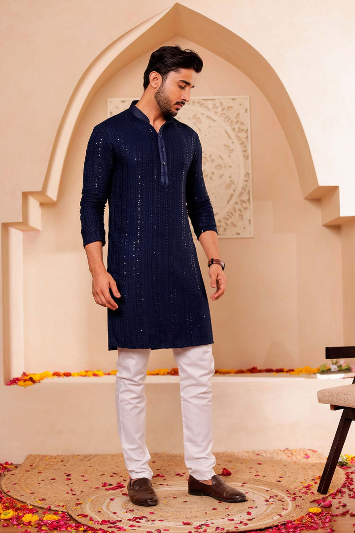 Navy Blue Chikankari Embroidered Kurta Suit with Sequin.