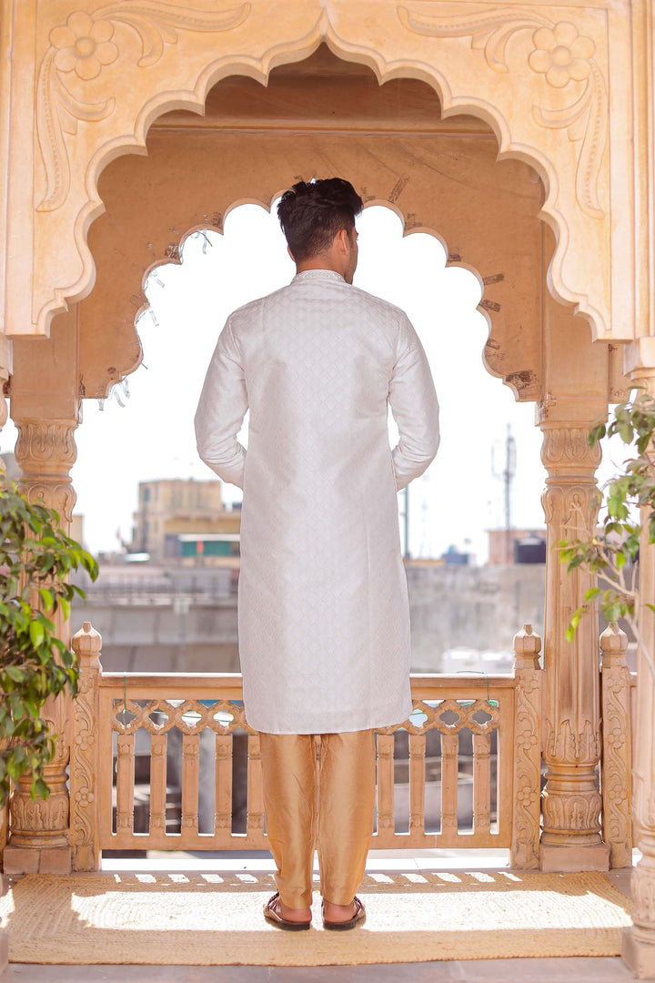 Off White Brocade Silk Kurta Suit With Sequin Thread Embroidery.