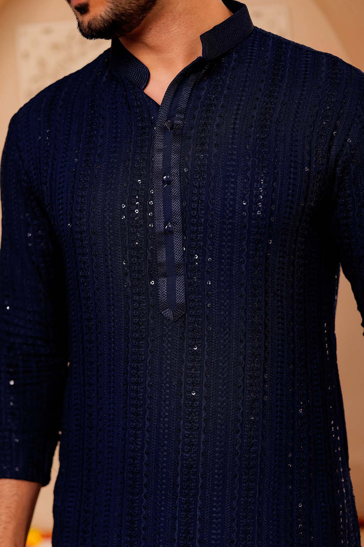 Navy Blue Chikankari Embroidered Kurta Suit with Sequin.