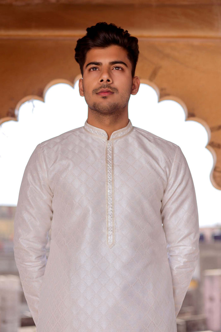 Off White Brocade Silk Kurta Suit With Sequin Thread Embroidery.