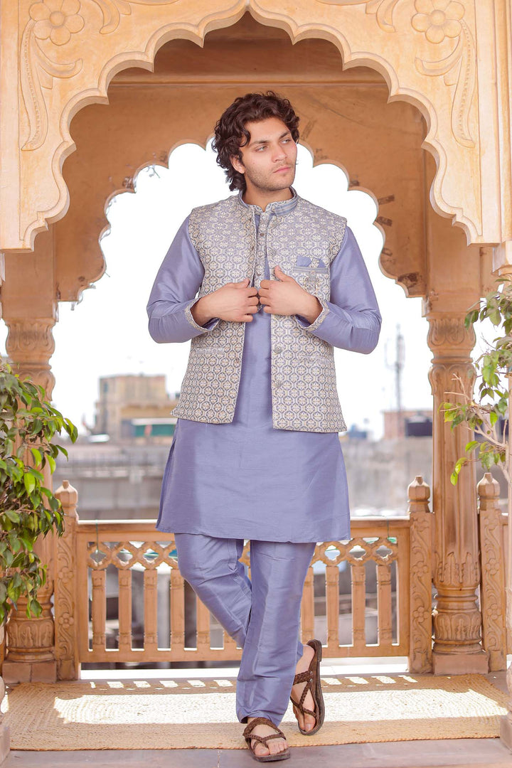 Grey Brocade Silk Jacket And Kurta Suit.